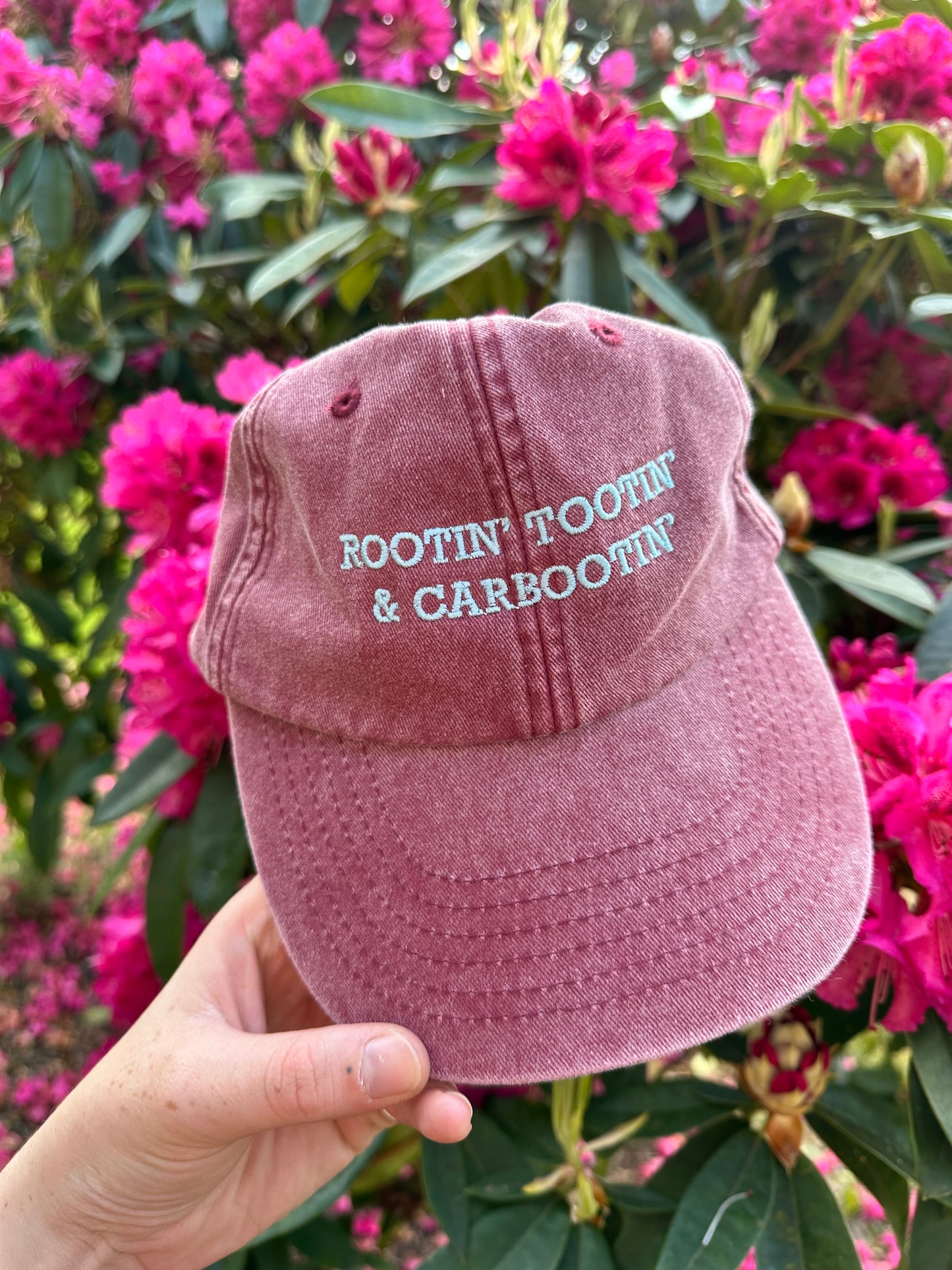 Rootin’ Tootin’ & Carbootin’ Burgundy & Pale Blue Cap Hat