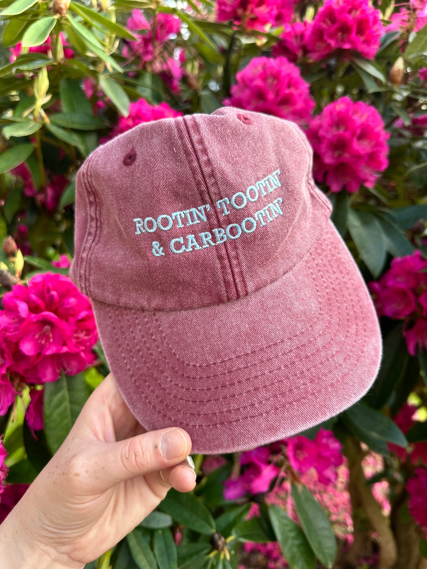 Rootin’ Tootin’ & Carbootin’ Burgundy & Pale Blue Cap Hat