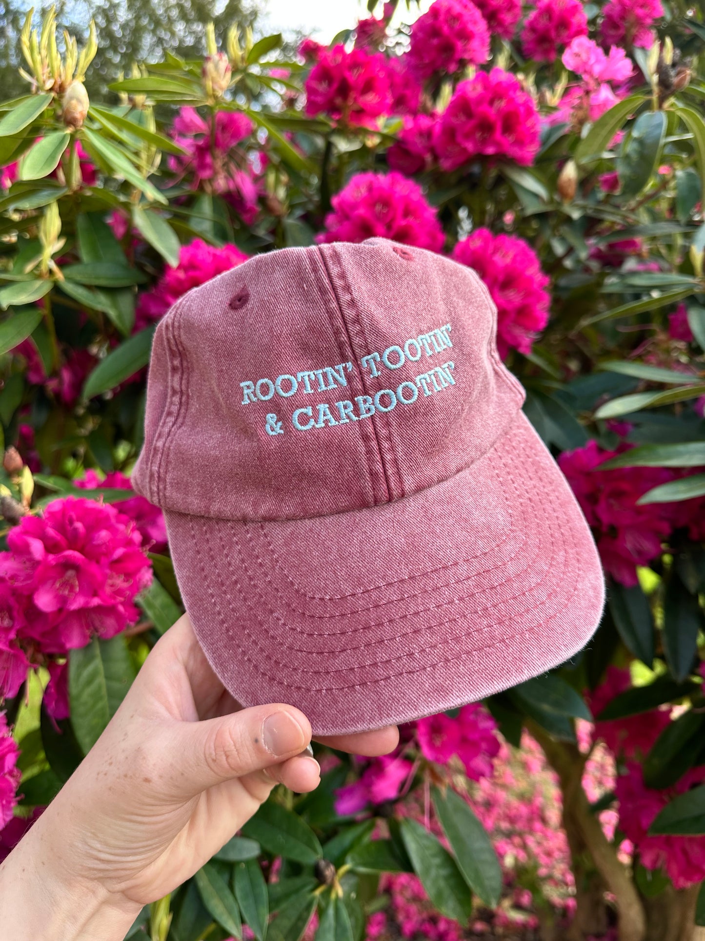 Rootin’ Tootin’ & Carbootin’ Burgundy & Pale Blue Cap Hat