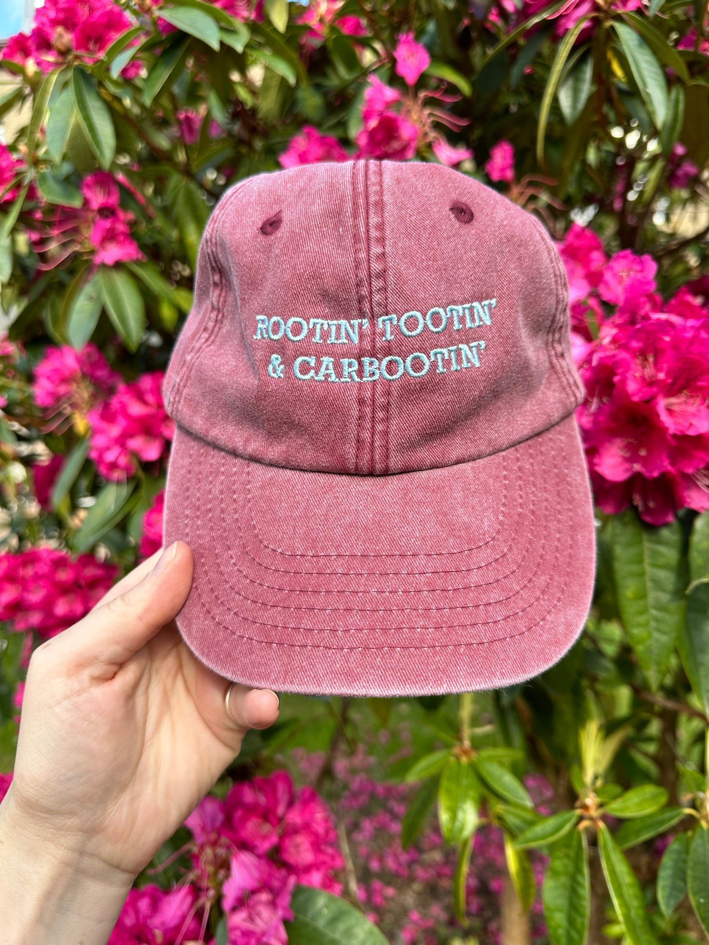 Rootin’ Tootin’ & Carbootin’ Burgundy & Pale Blue Cap Hat