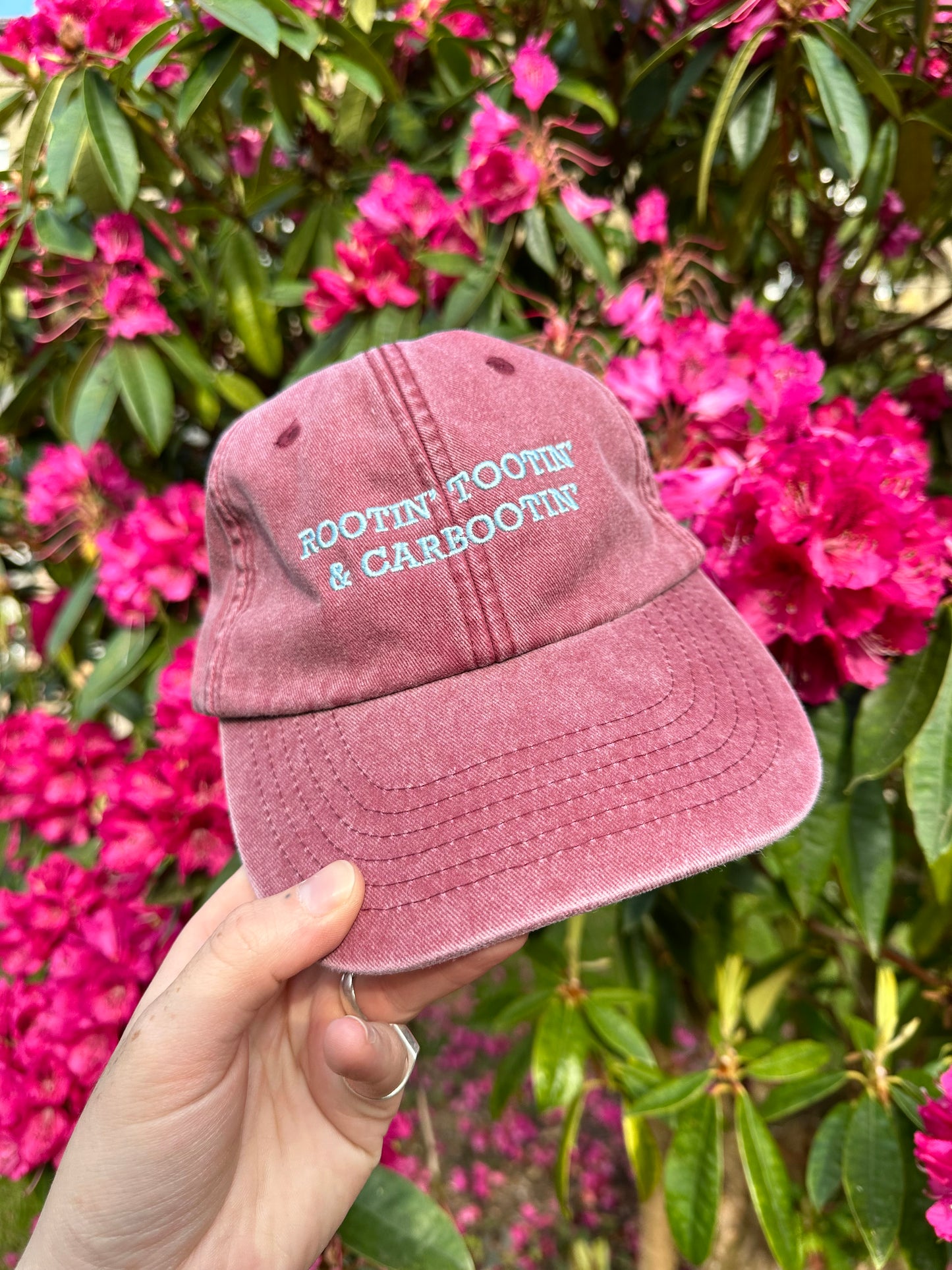 Rootin’ Tootin’ & Carbootin’ Burgundy & Pale Blue Cap Hat