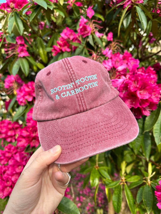 Rootin’ Tootin’ & Carbootin’ Burgundy & Pale Blue Cap Hat