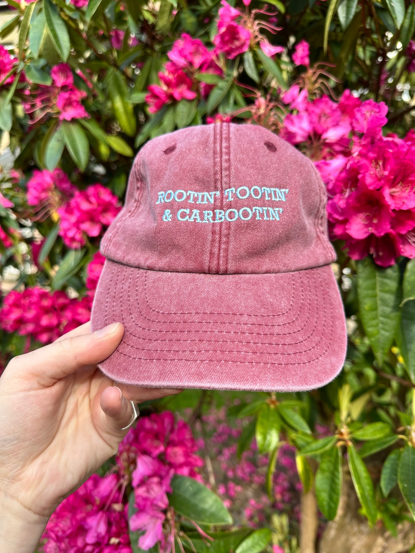 Rootin’ Tootin’ & Carbootin’ Burgundy & Pale Blue Cap Hat
