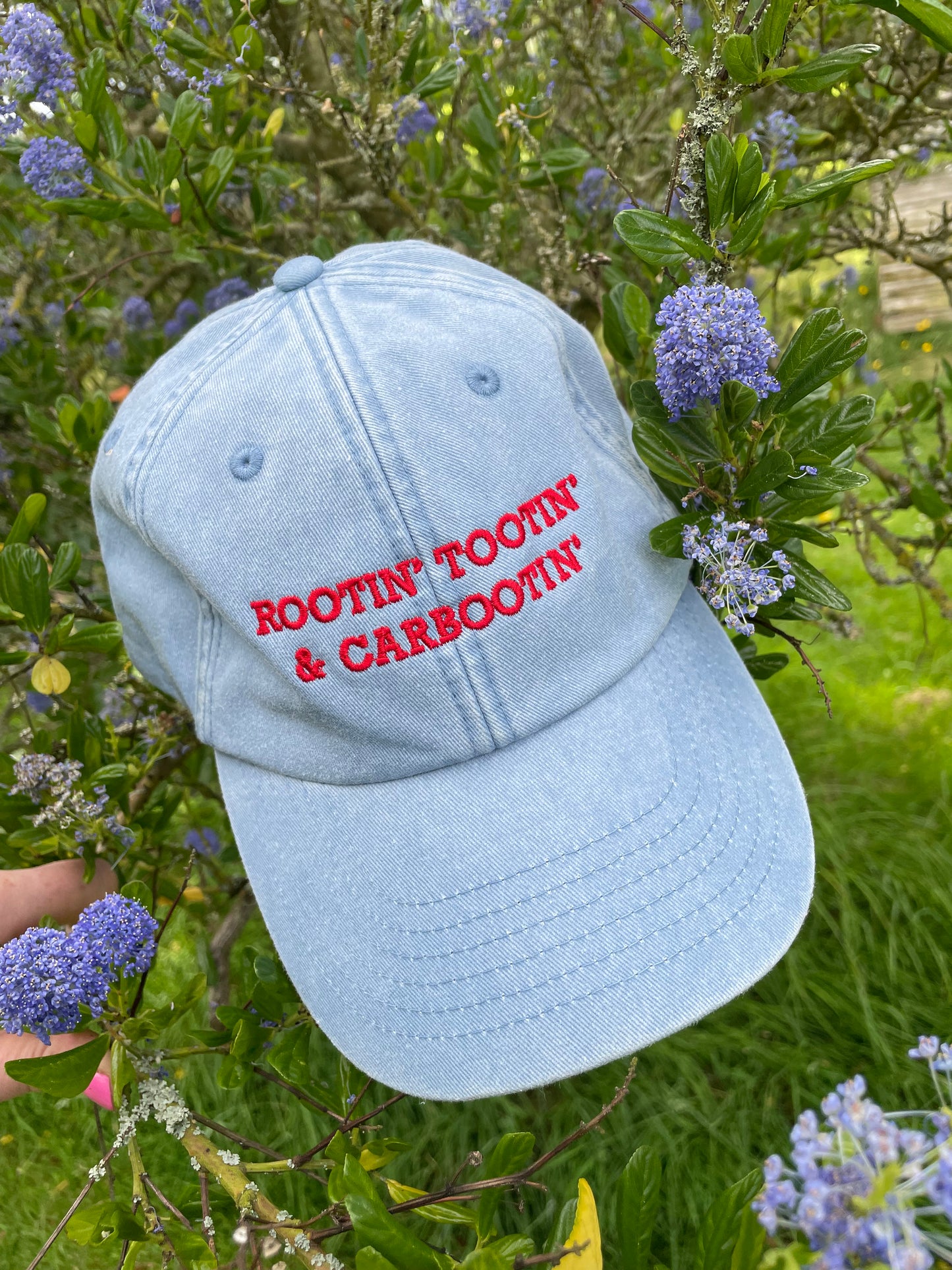 Rootin’ Tootin’ & Carbootin’ Light Denim & Red Cap Hat