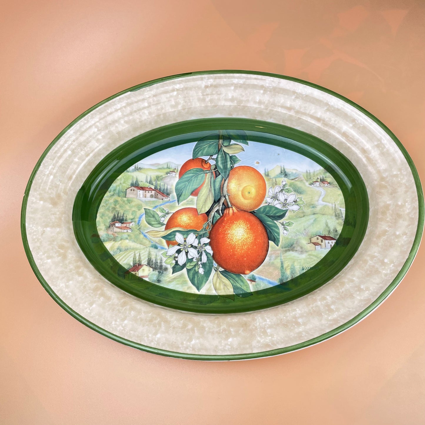 Italian Green Ceramic Serving Platter Oranges