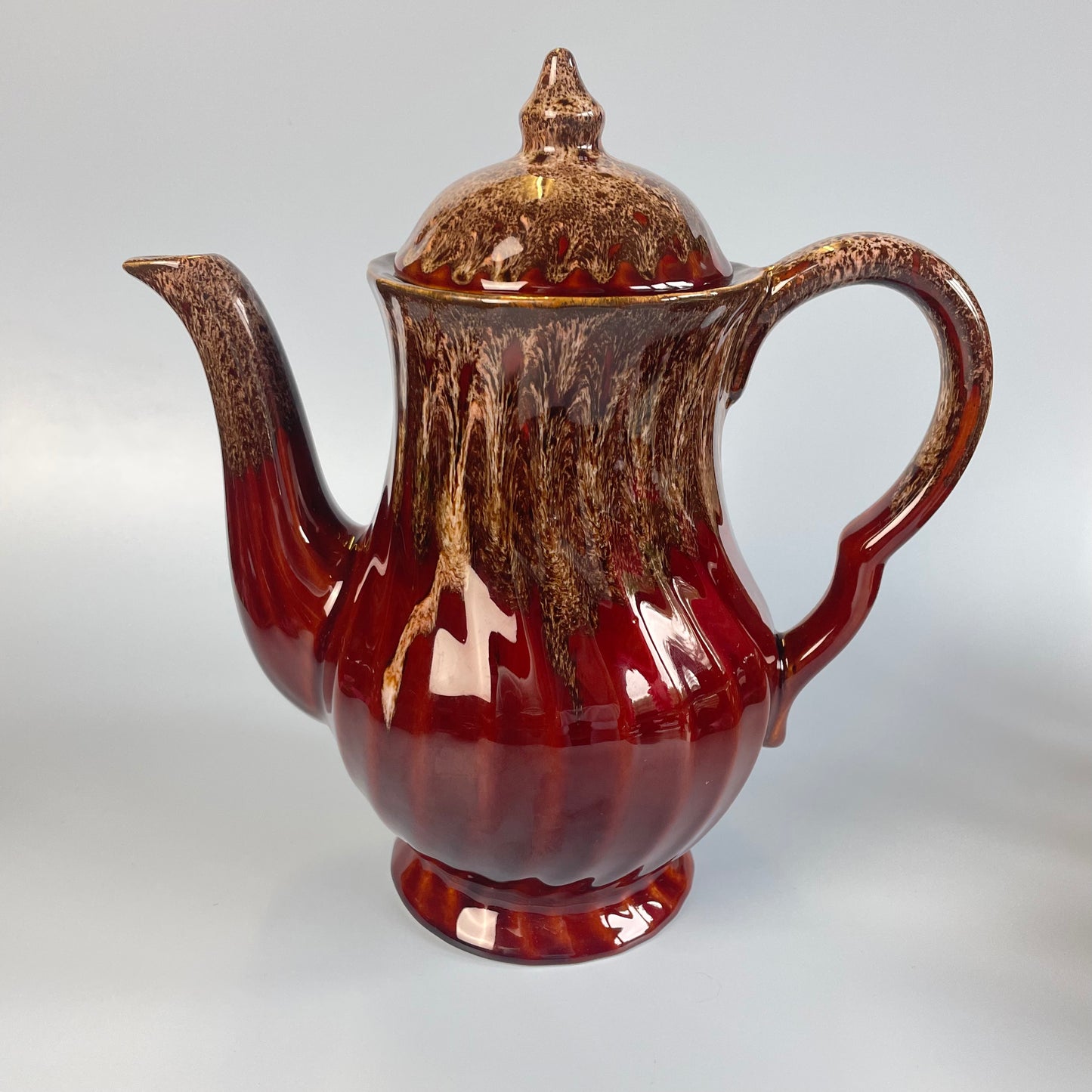Brown Glazed Ceramic Swirl Coffee Pot Set With 6 Cups, Milk Jug & Sugar Bowl