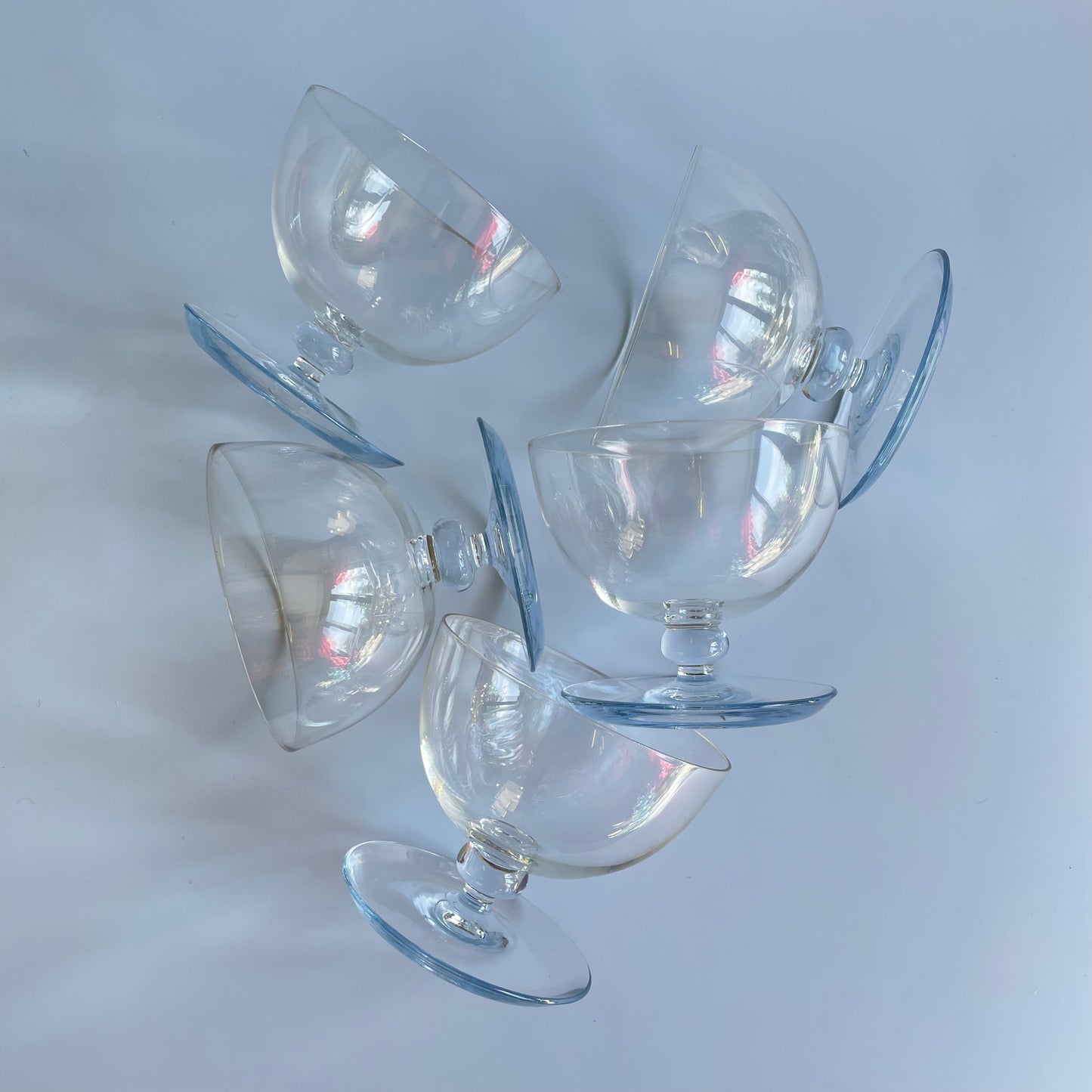Light Blue Tinted Vintage Sundae Glasses With Drip Tray x 5