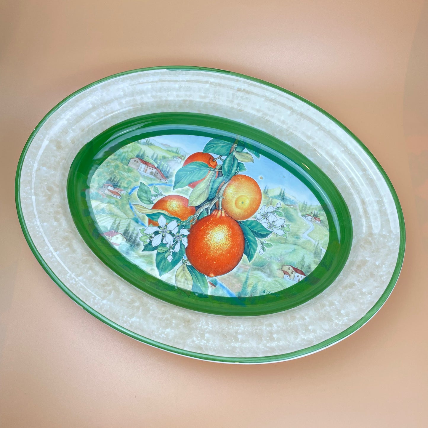 Italian Green Ceramic Serving Platter Oranges
