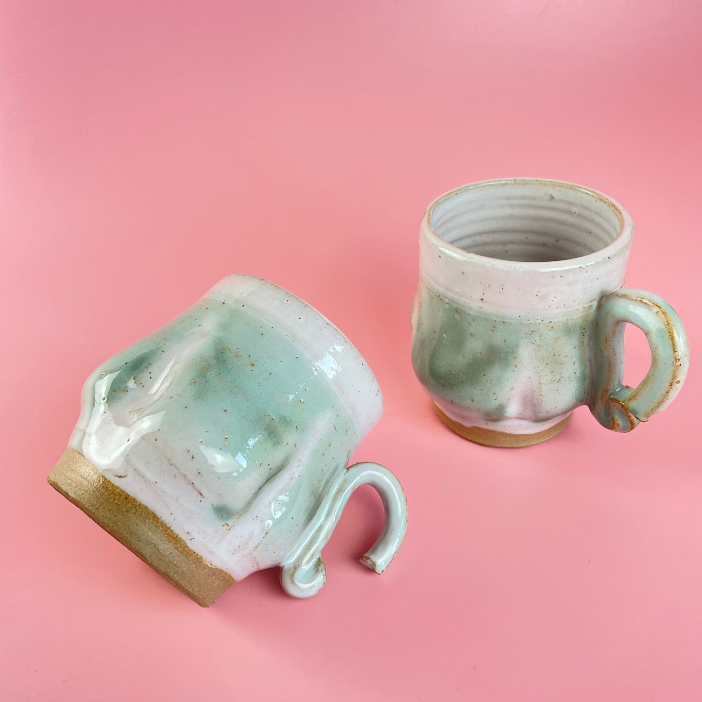 Glazed Green Earthenware Mugs x2