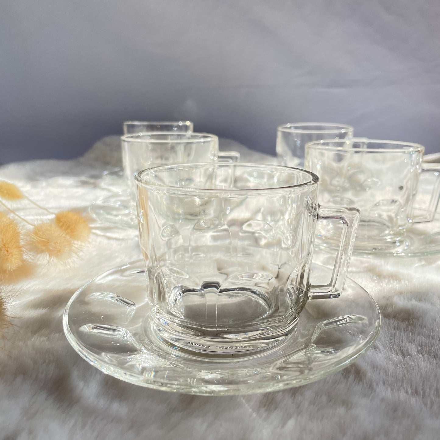 Clear Glass Vintage Arcopal Cups & Saucers x 5