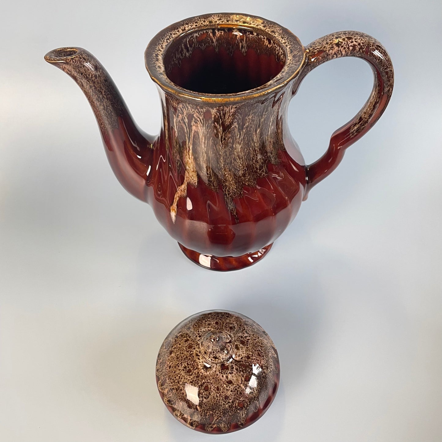 Brown Glazed Ceramic Swirl Coffee Pot Set With 6 Cups, Milk Jug & Sugar Bowl