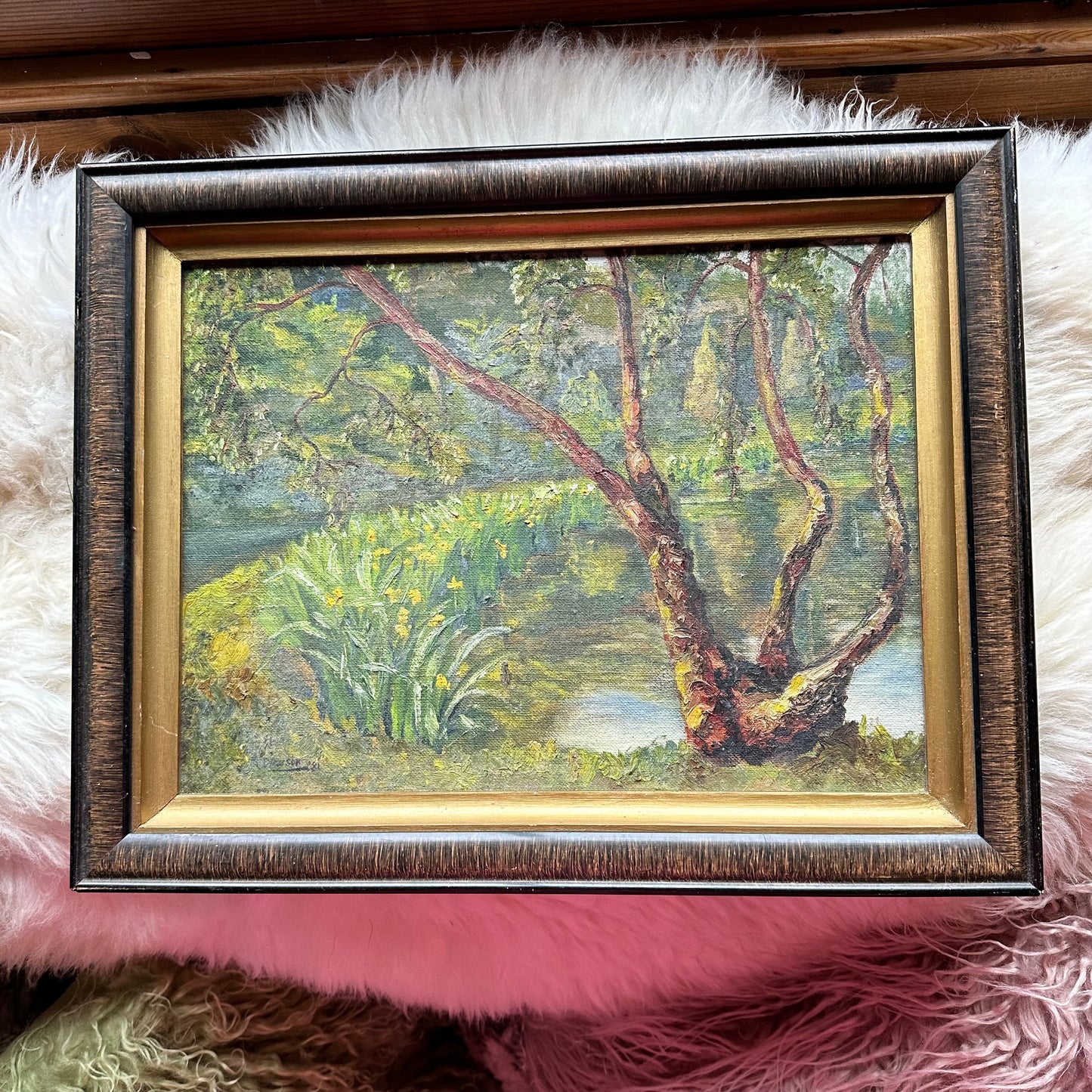 Framed Waterside Daffodils & Trees Painting