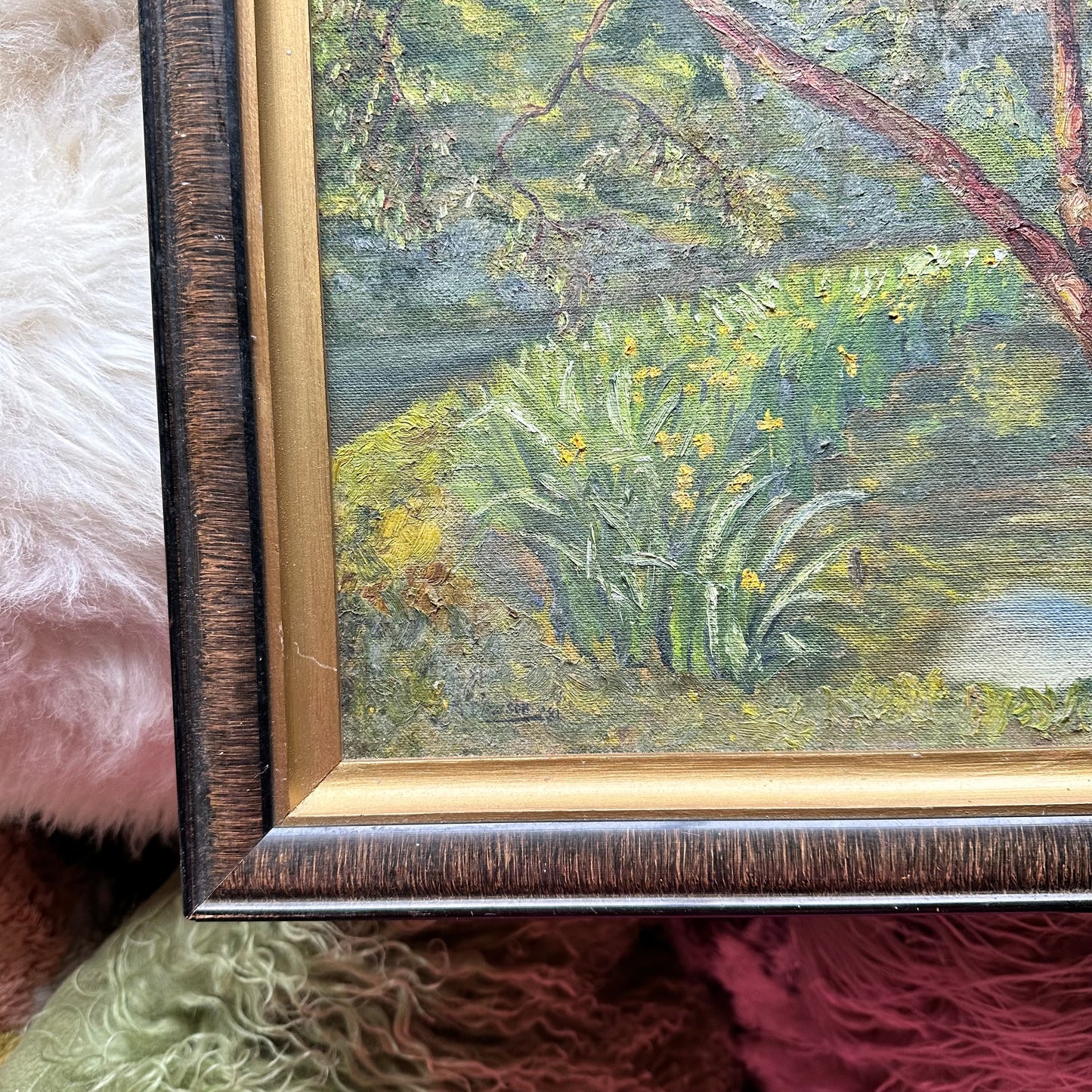 Framed Waterside Daffodils & Trees Painting