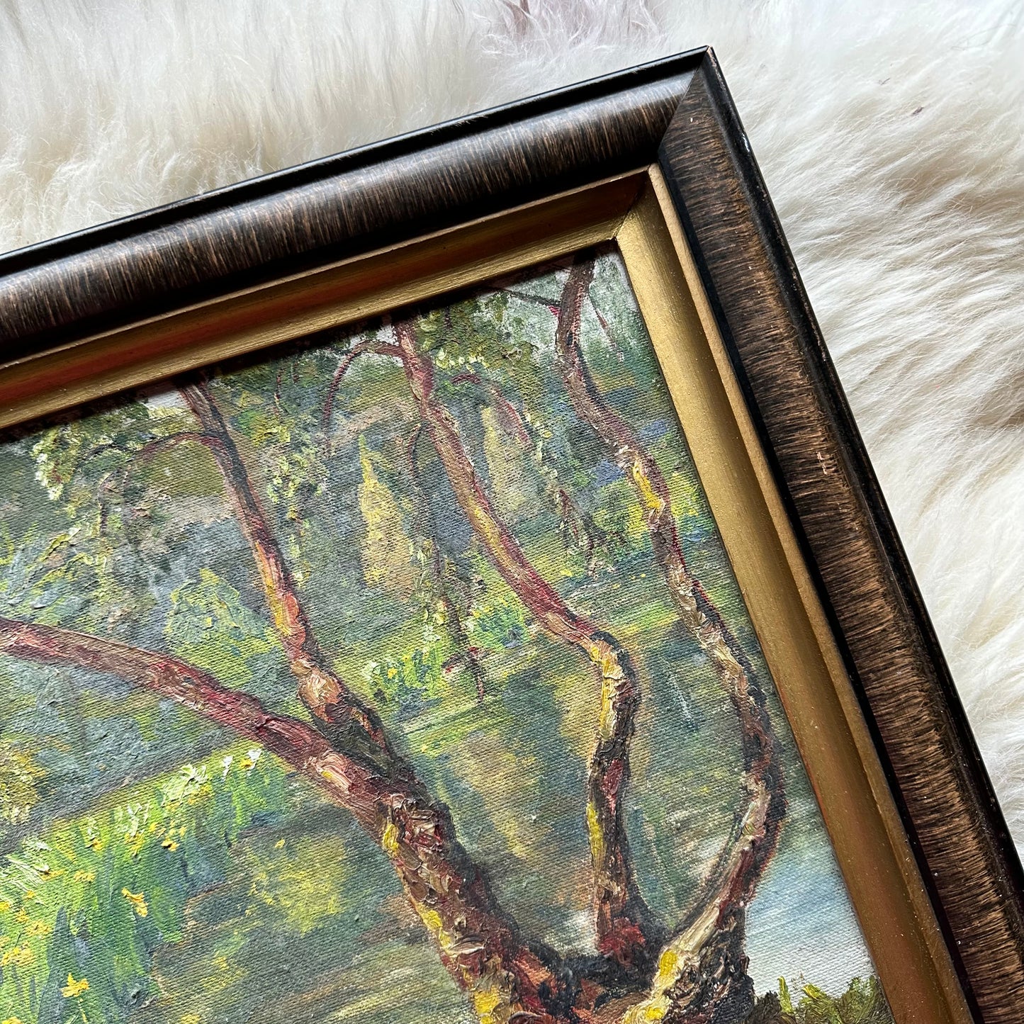 Framed Waterside Daffodils & Trees Painting