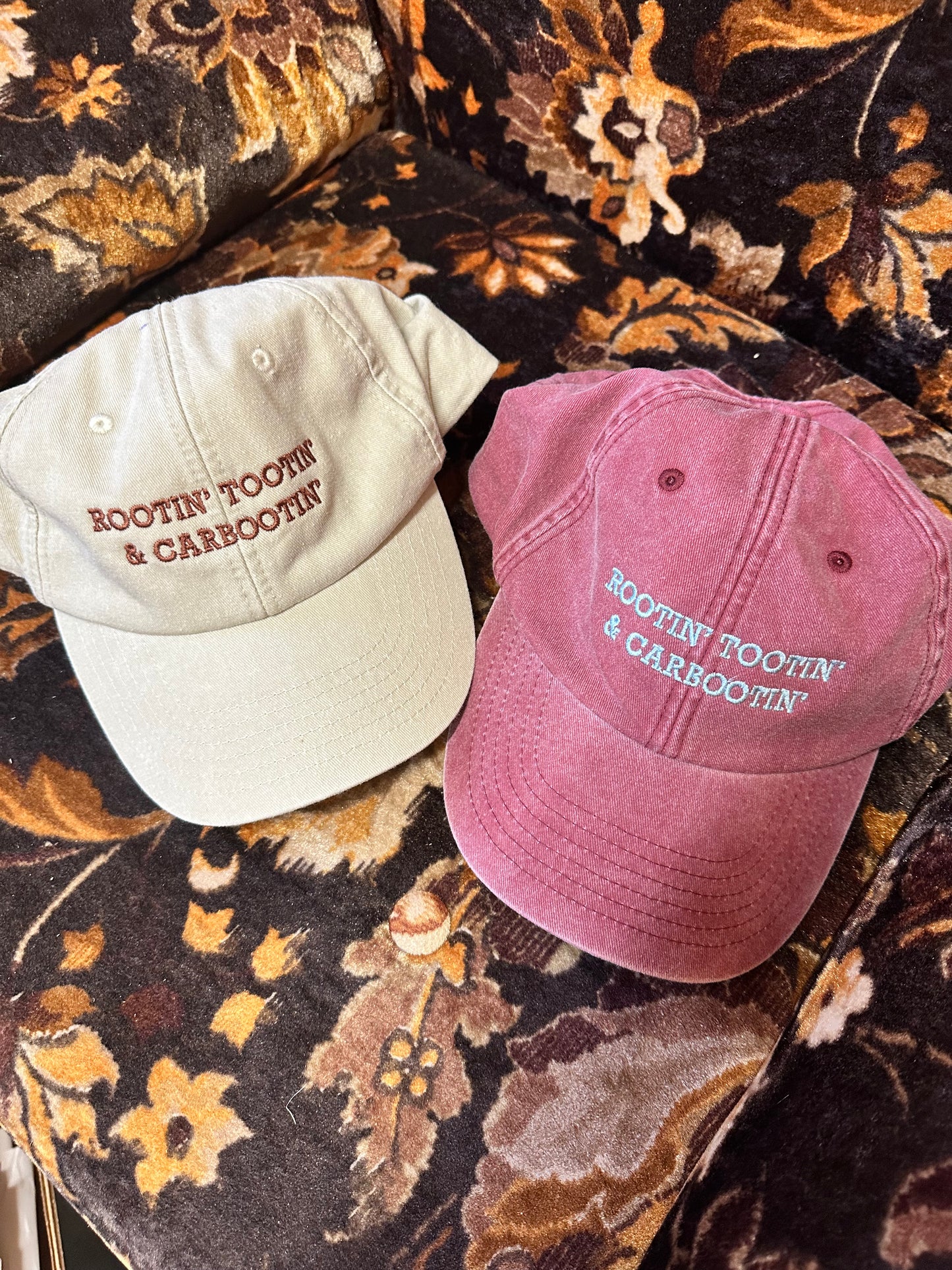 Rootin’ Tootin’ & Carbootin’ Burgundy & Pale Blue Cap Hat