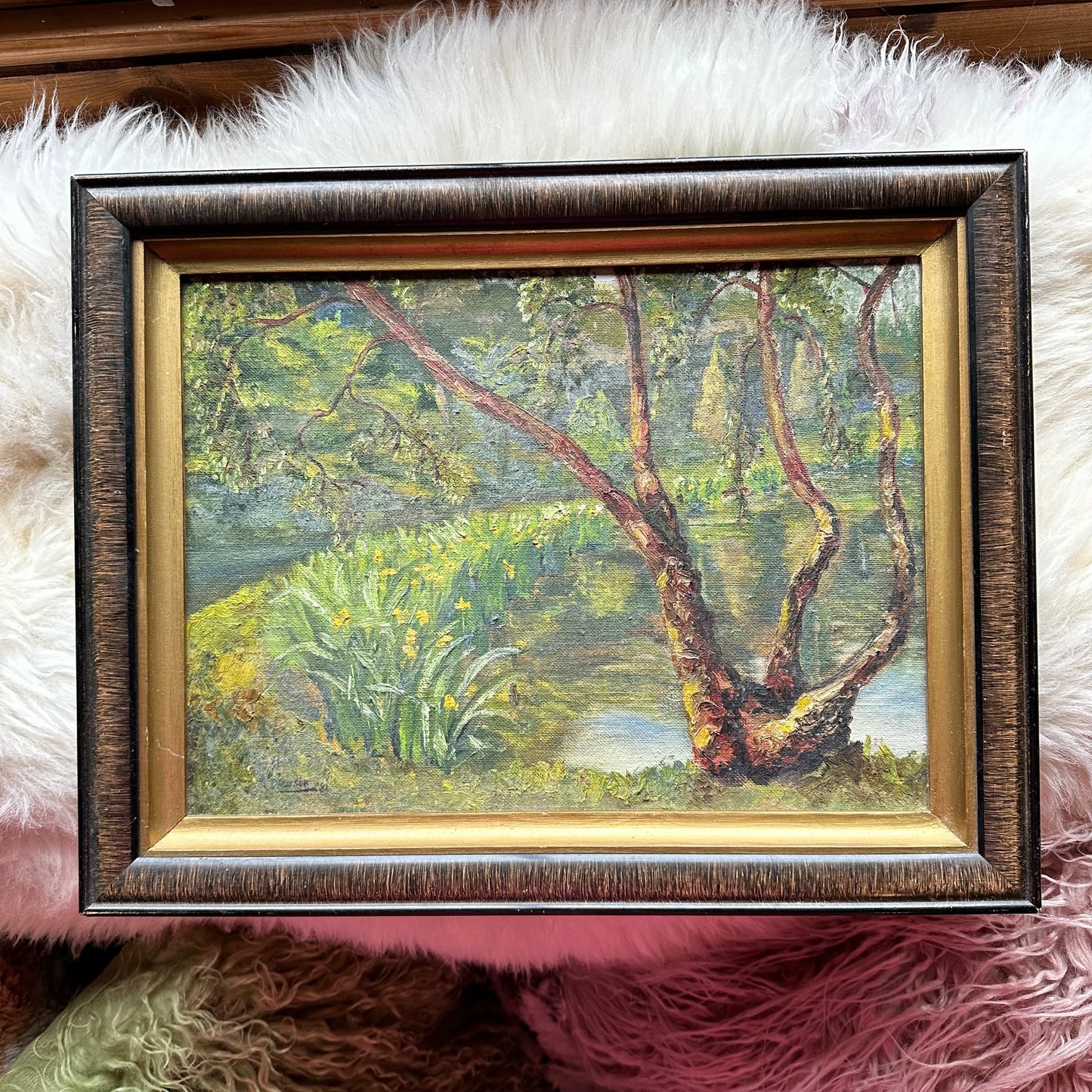 Framed Waterside Daffodils & Trees Painting