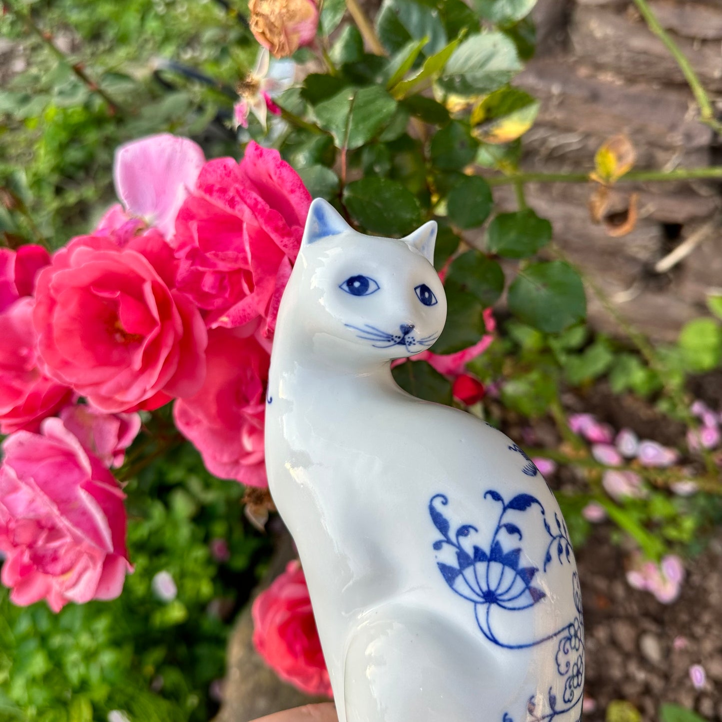 Blue & White Ceramic Cat Figurine