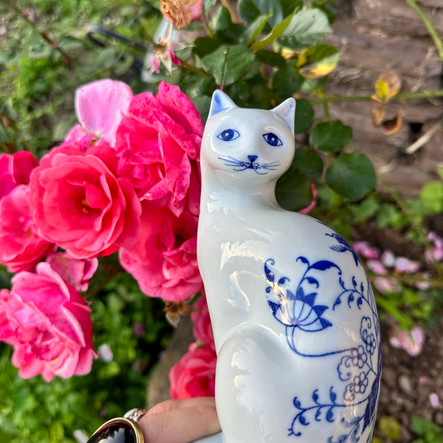 Blue & White Ceramic Cat Figurine