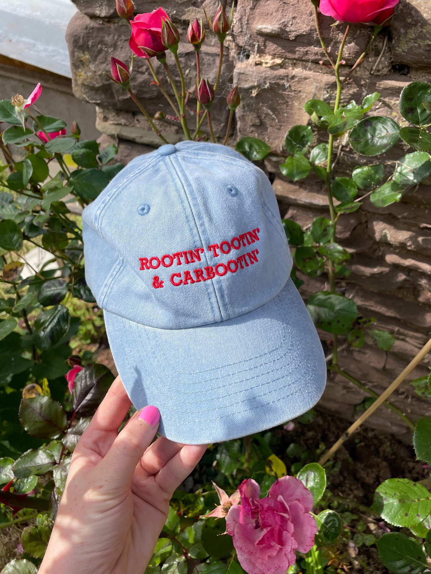 Rootin’ Tootin’ & Carbootin’ Light Denim & Red Cap Hat
