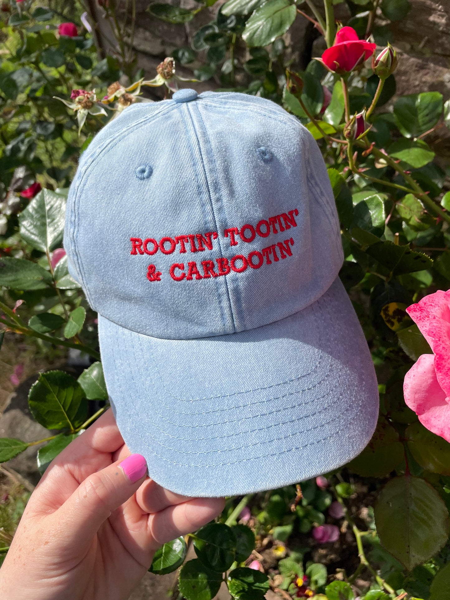 Rootin’ Tootin’ & Carbootin’ Light Denim & Red Cap Hat