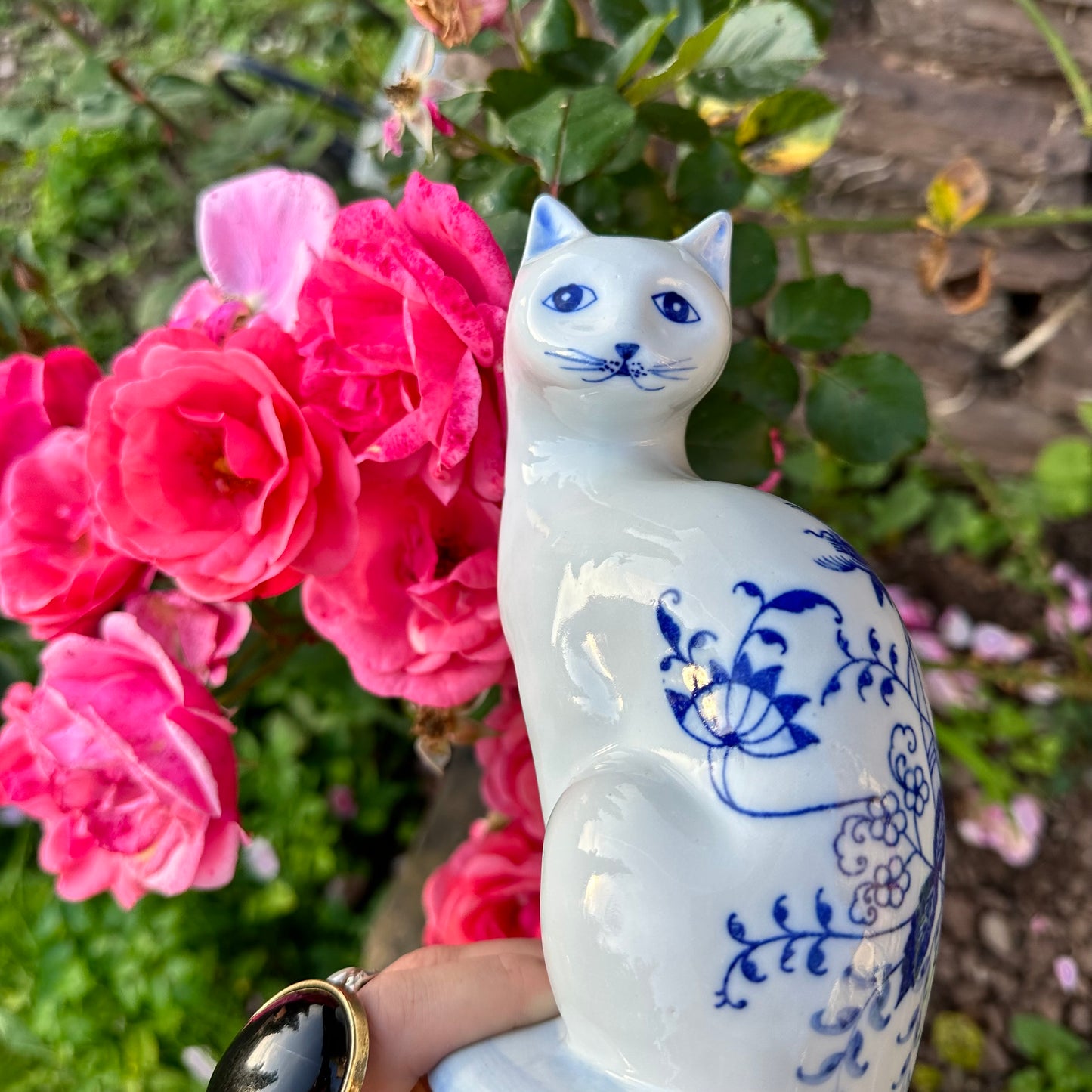 Blue & White Ceramic Cat Figurine