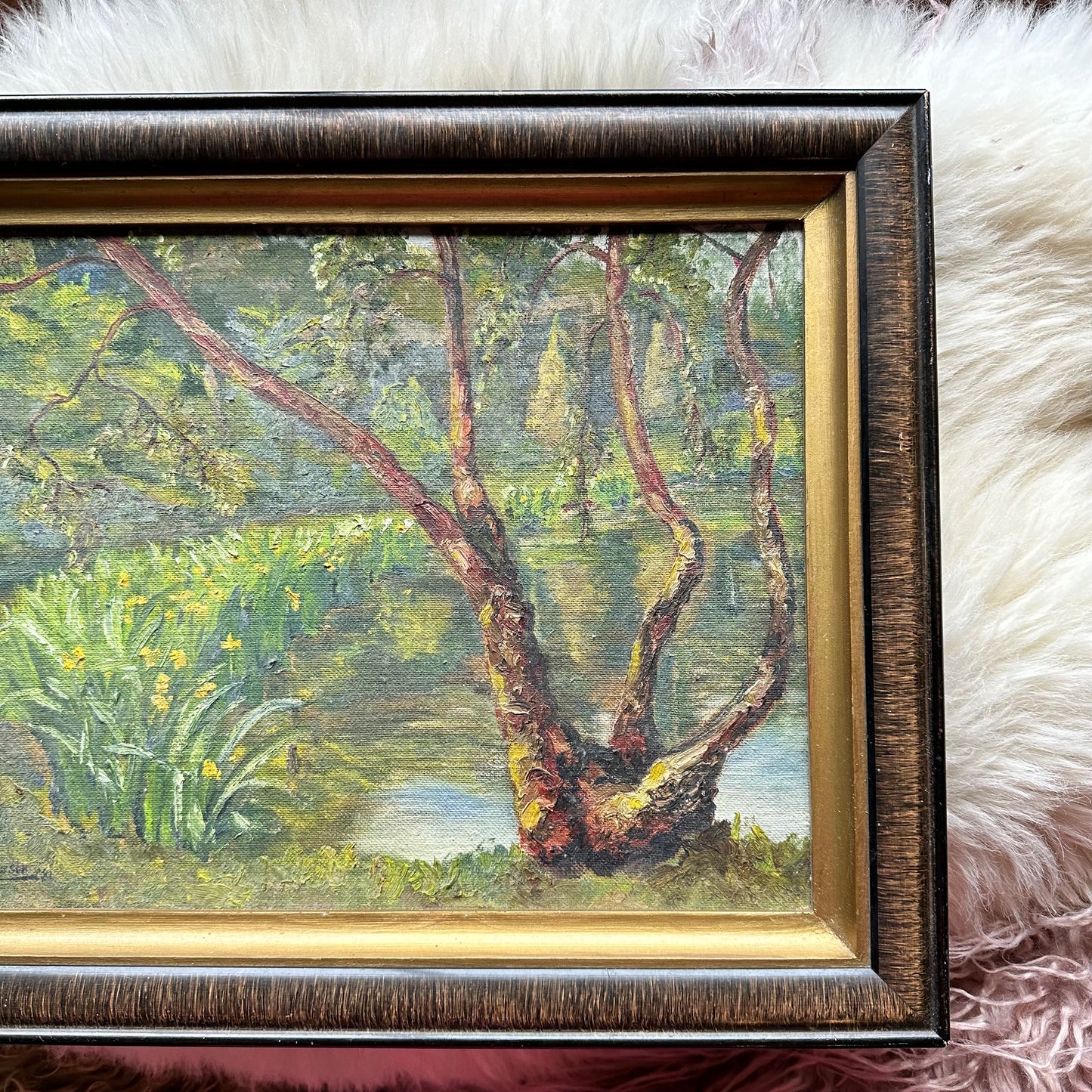 Framed Waterside Daffodils & Trees Painting