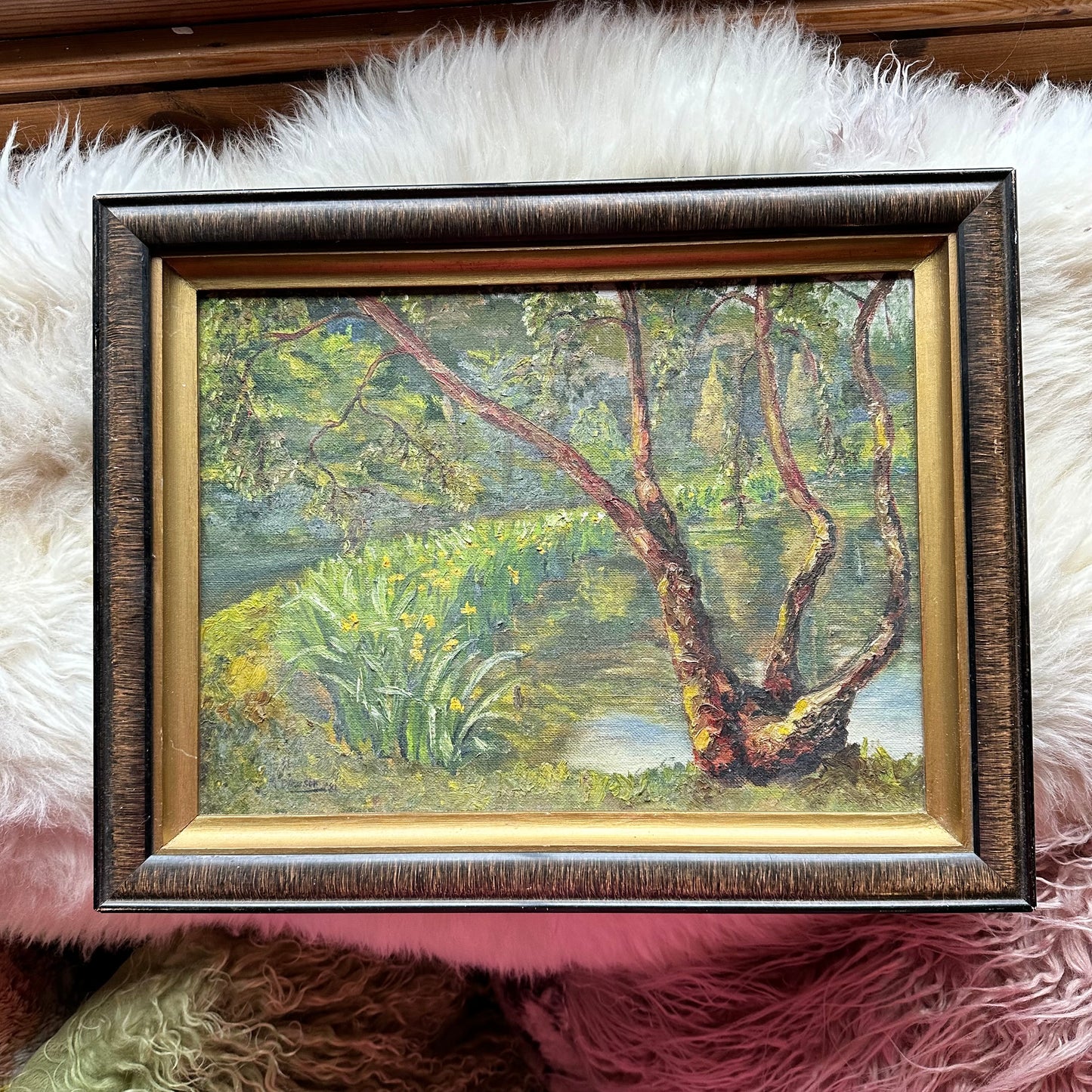 Framed Waterside Daffodils & Trees Painting