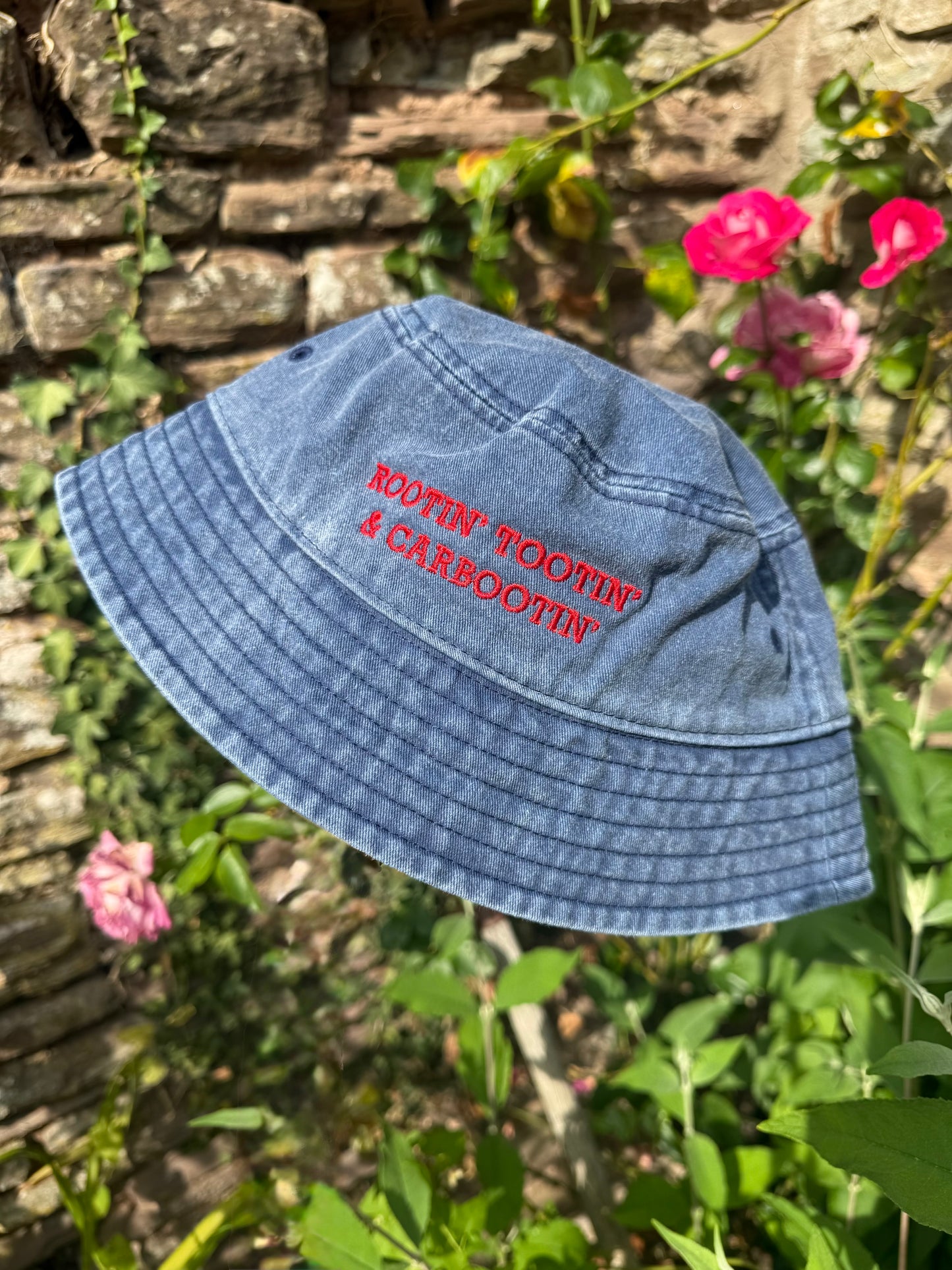 Rootin’ Tootin’ & Carbootin’ Bucket Hat Dark Denim & Cherry Red