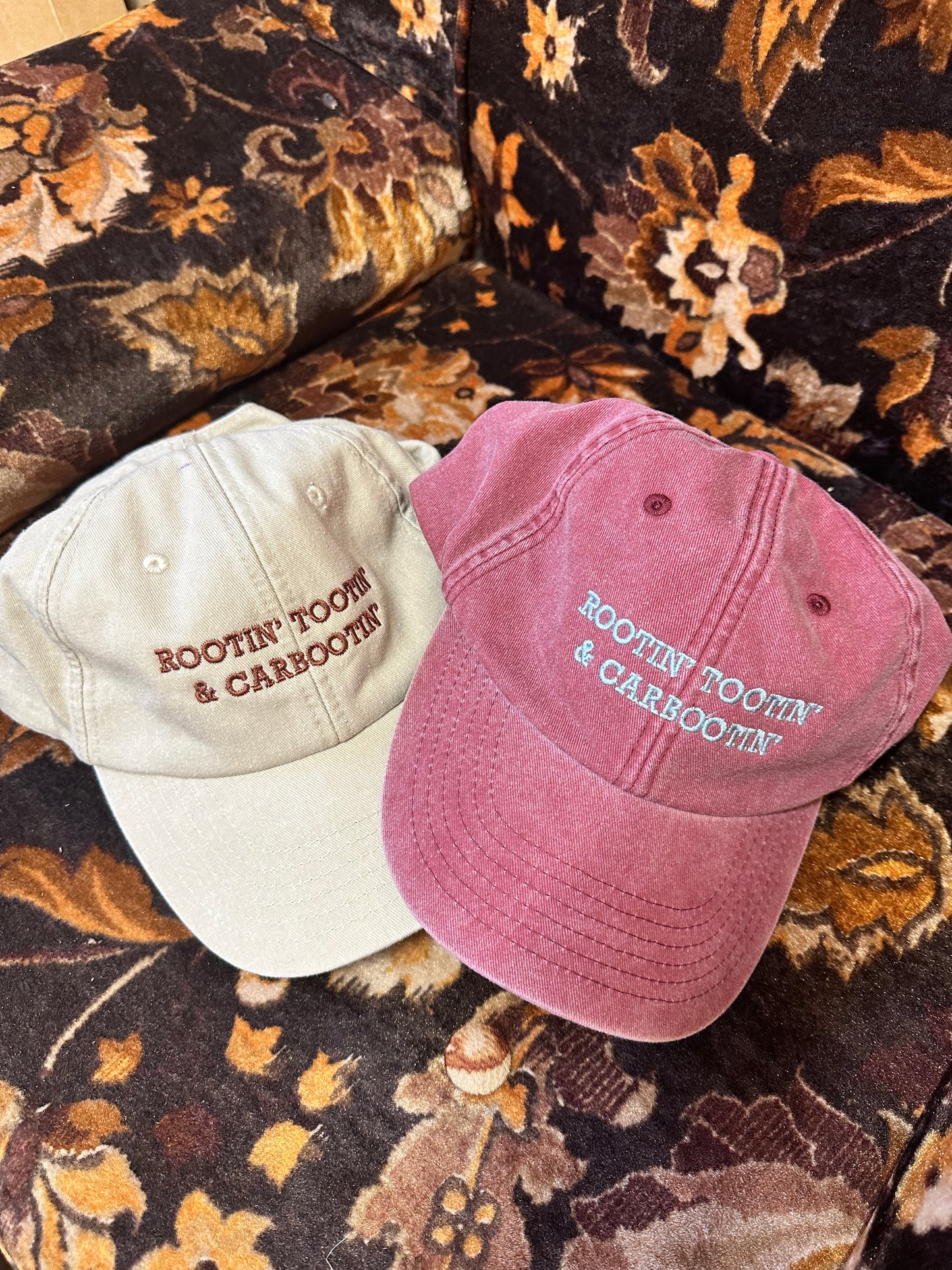 Rootin’ Tootin’ & Carbootin’ Burgundy & Pale Blue Cap Hat