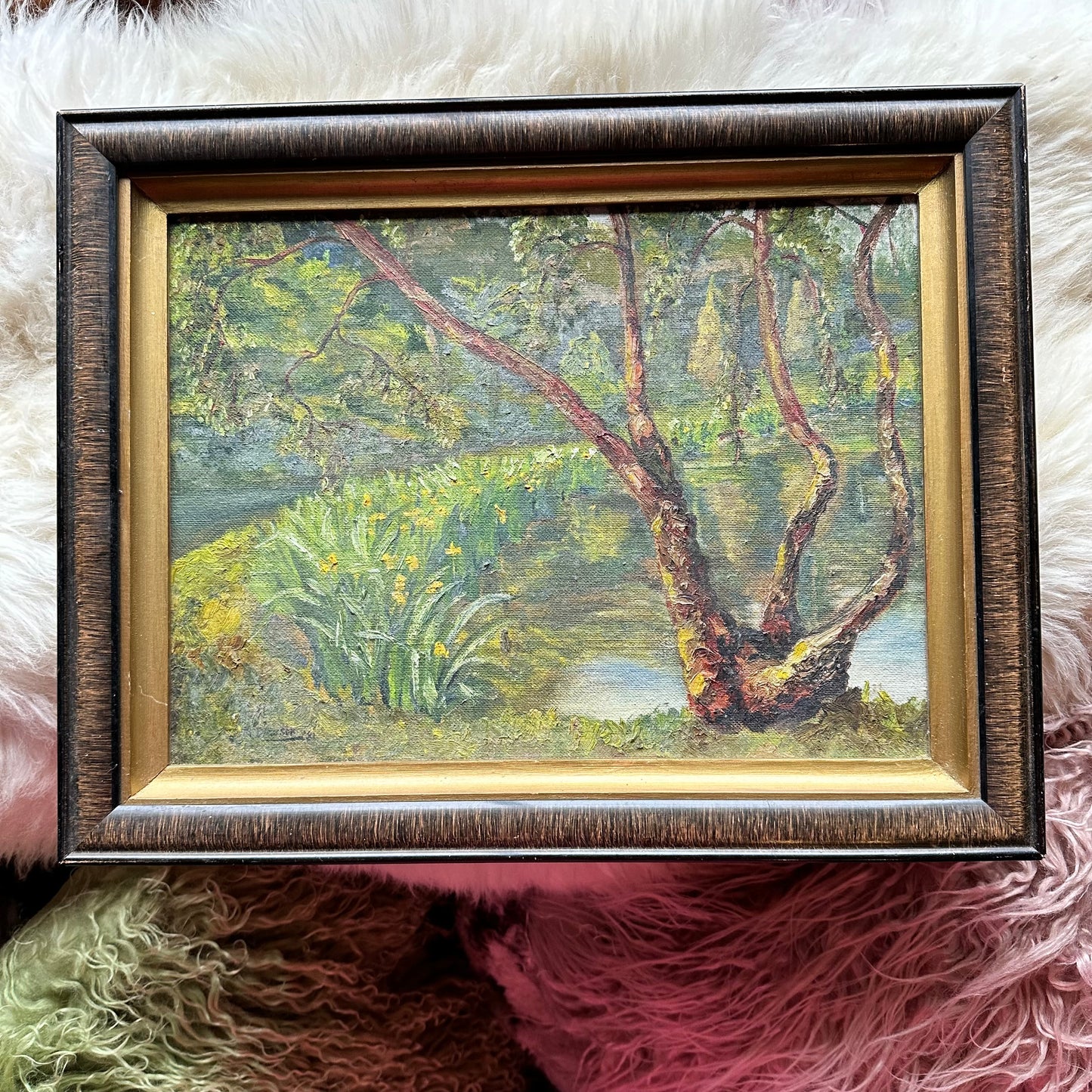 Framed Waterside Daffodils & Trees Painting