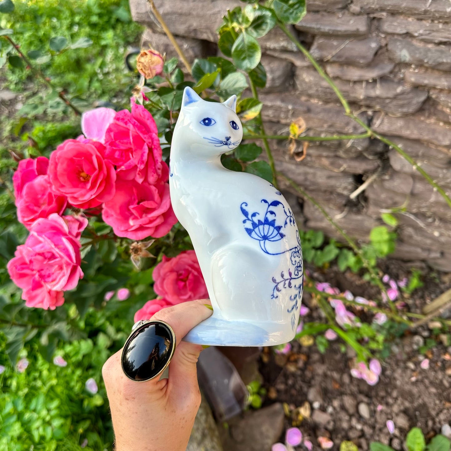 Blue & White Ceramic Cat Figurine