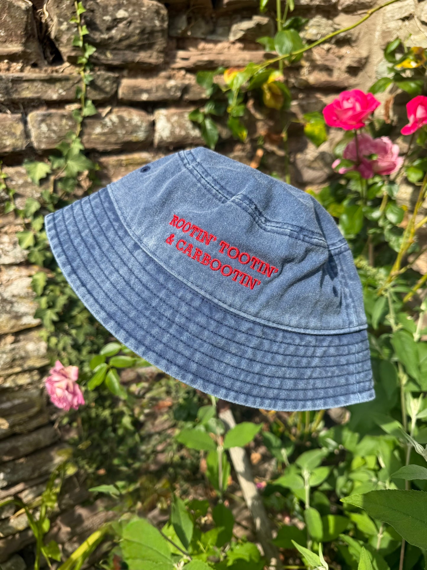 Rootin’ Tootin’ & Carbootin’ Bucket Hat Dark Denim & Cherry Red