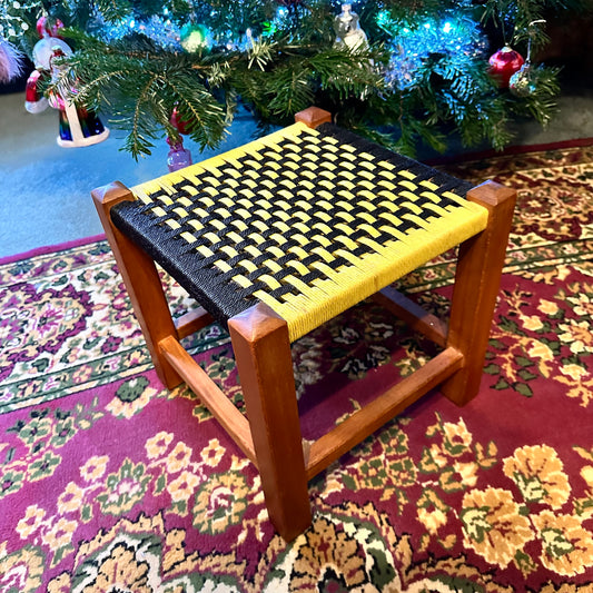 Yellow & Black Woven Wooden Stool