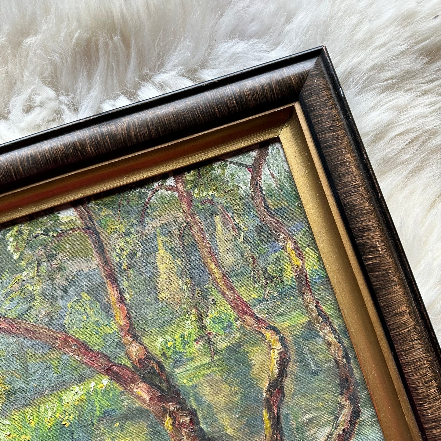 Framed Waterside Daffodils & Trees Painting