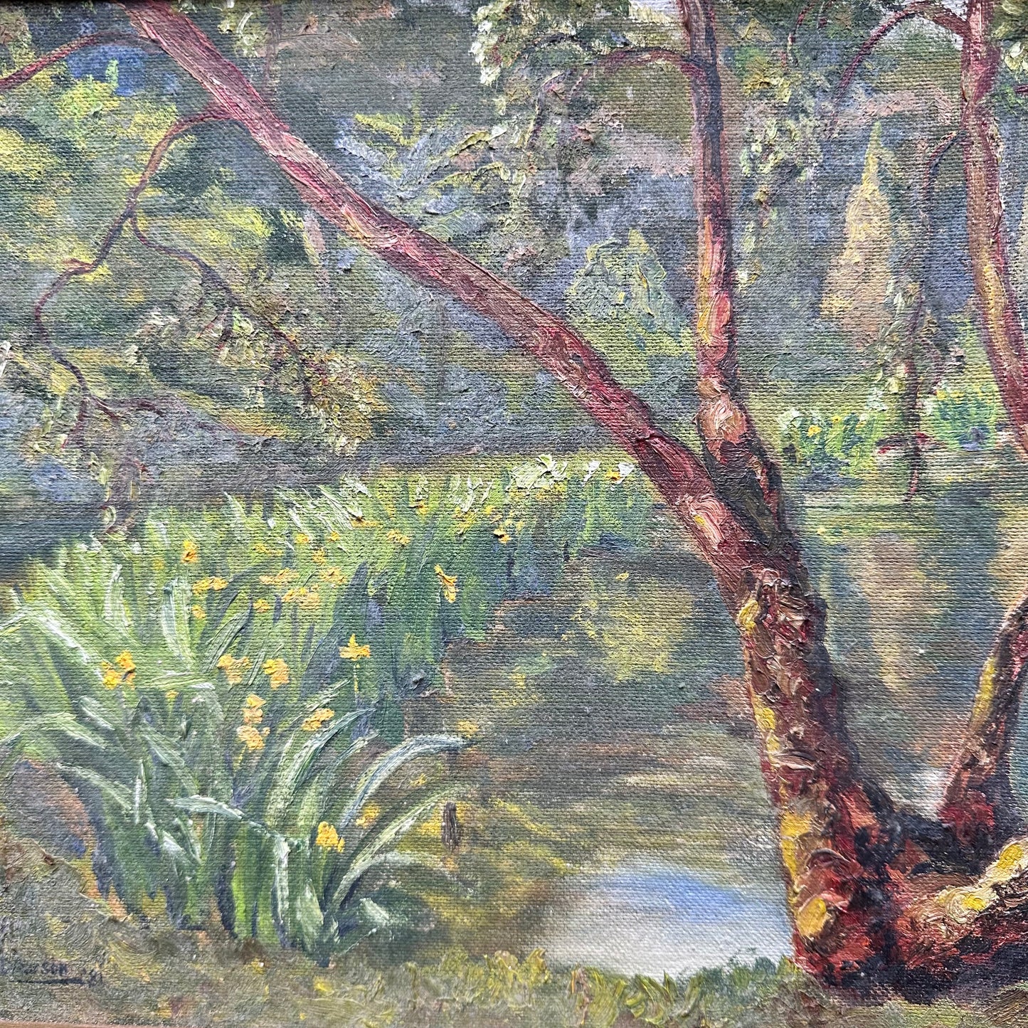 Framed Waterside Daffodils & Trees Painting