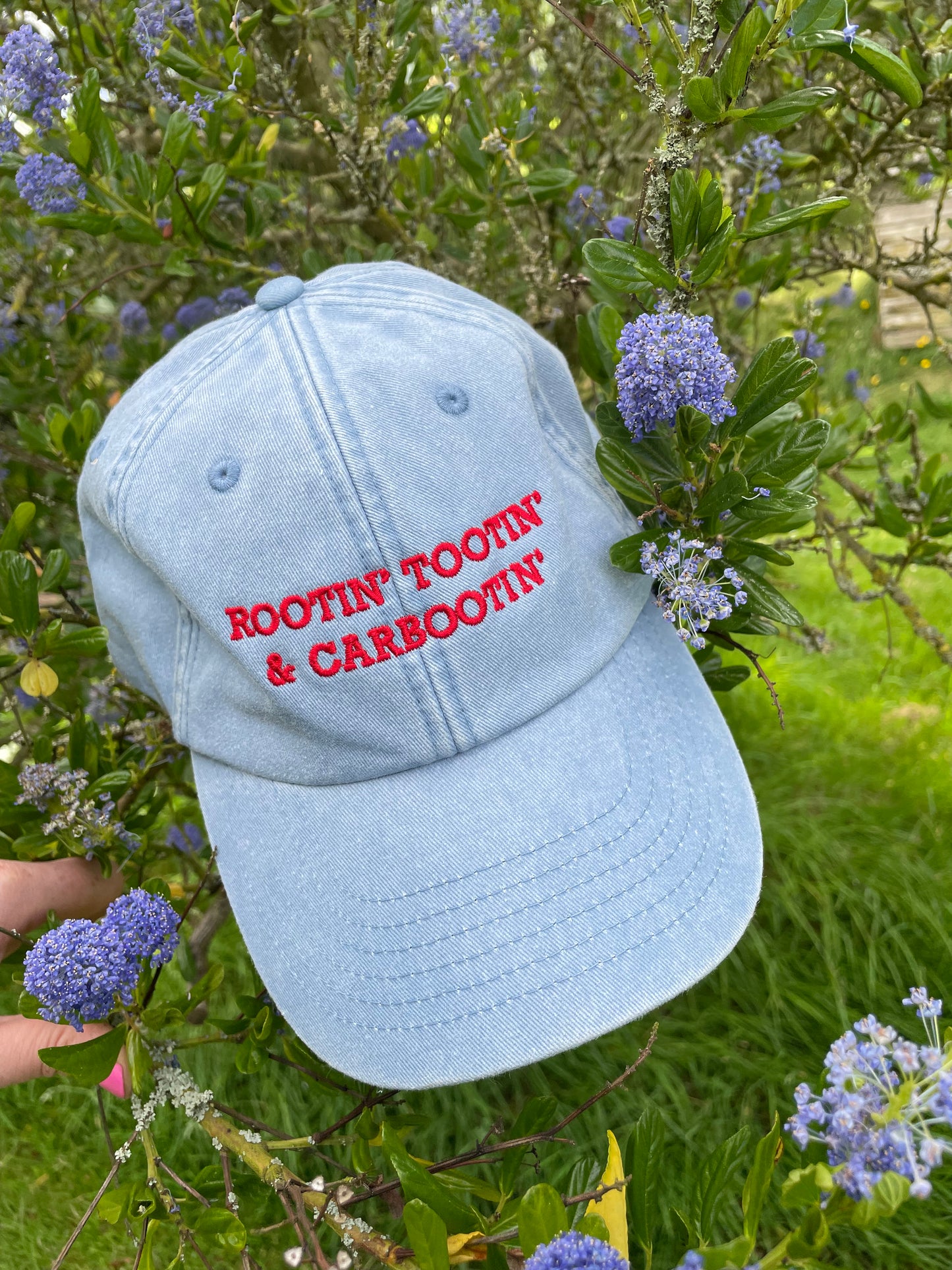 Rootin’ Tootin’ & Carbootin’ Light Denim & Red Cap Hat