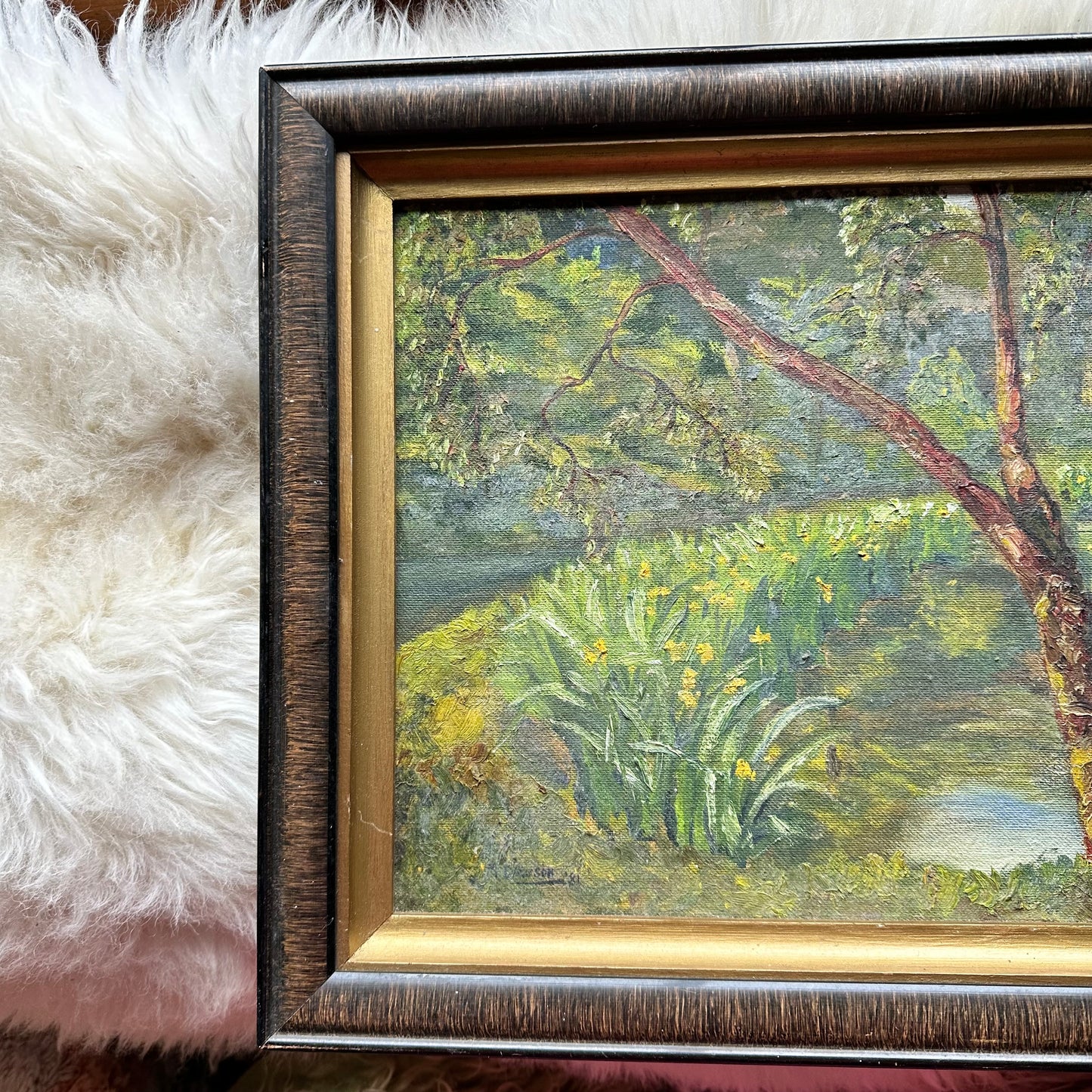 Framed Waterside Daffodils & Trees Painting