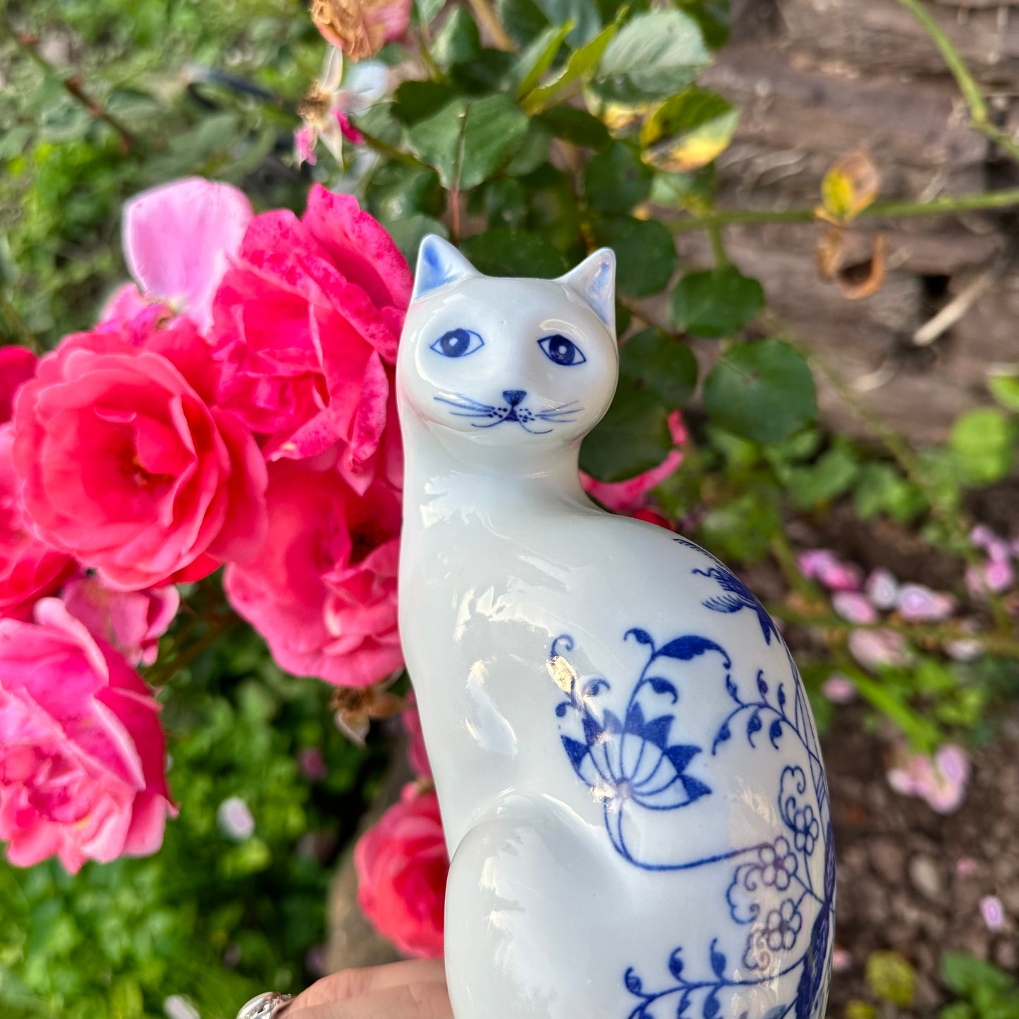 Blue & White Ceramic Cat Figurine