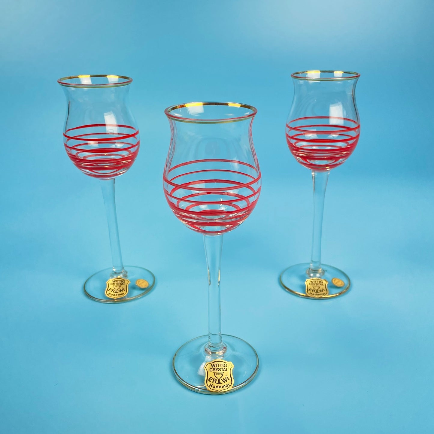 West German Red Striped Decanter & Tulip Glasses