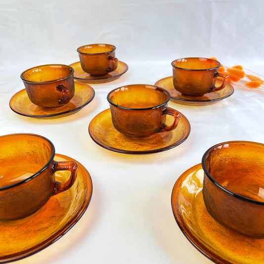 Amber Textured Glass Tea Set With Saucers x 6