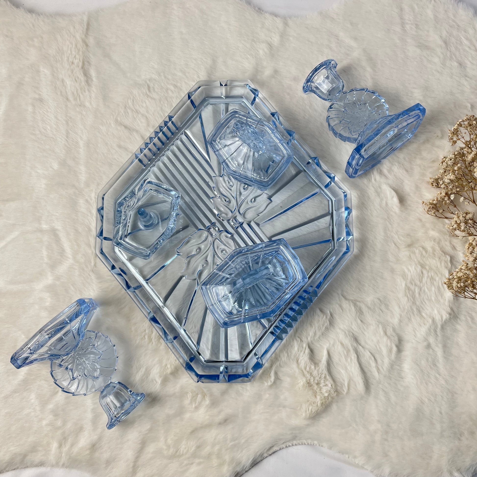 blue glass dressing table set Art Deco Blue Crystal Dressing Table Set, Set of 4