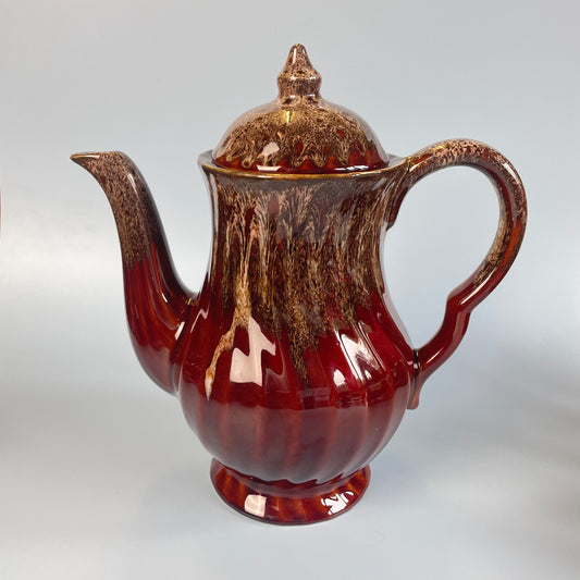 Brown Glazed Ceramic Swirl Coffee Pot Set With 6 Cups, Milk Jug & Sugar Bowl