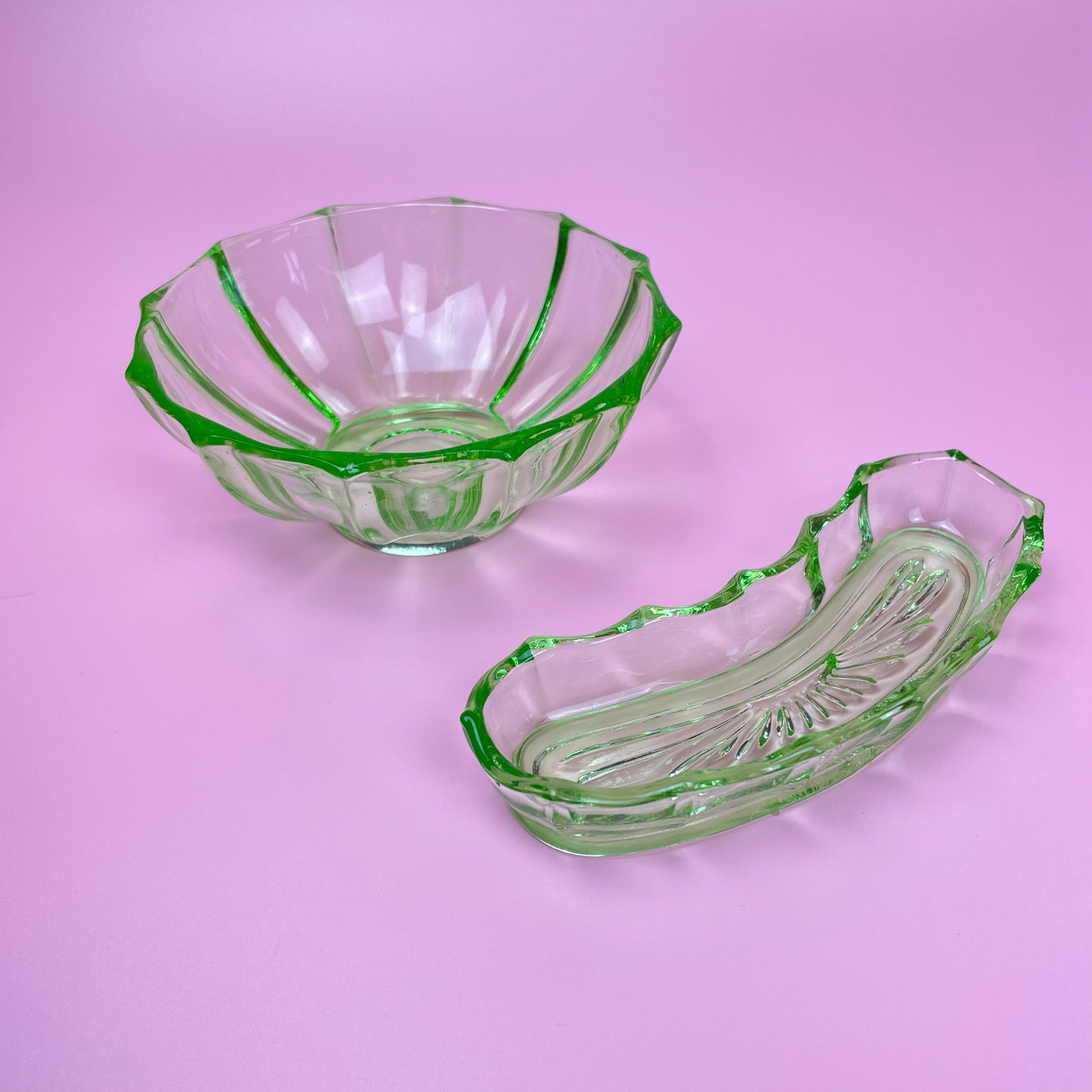 Green Glass Trinket Bowl & Dish