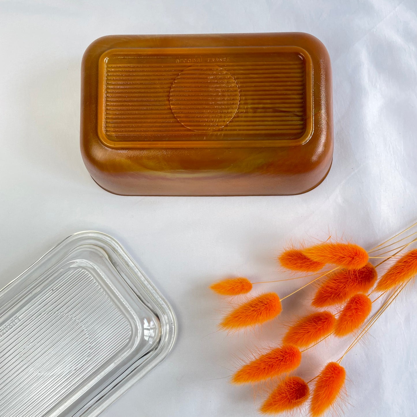 Arcopal Toffee Iridescent Glass Butter Dish