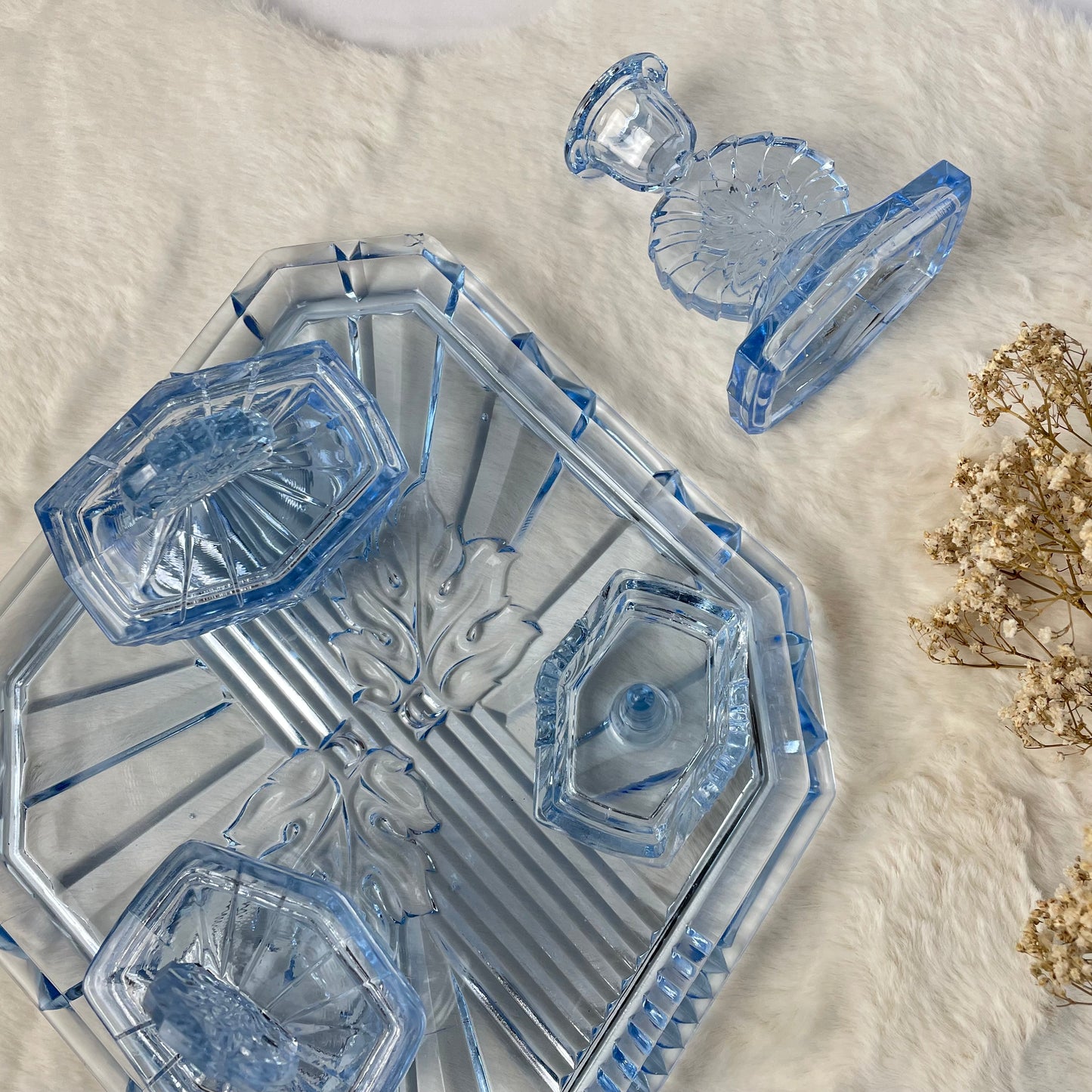 Art Deco Blue Glass Dressing Table Set