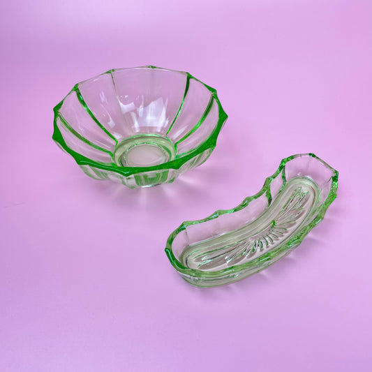 Green Glass Trinket Bowl & Dish