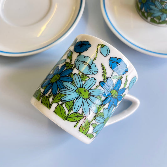 Espresso Cups & Saucers With Vintage Floral Print Blue x 4