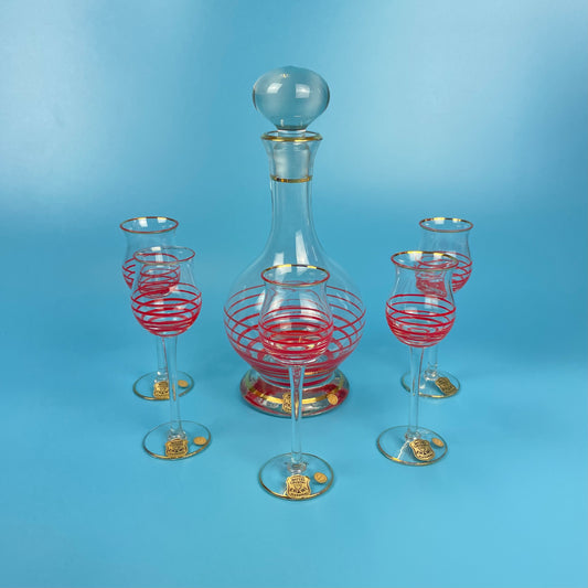 West German Red Striped Decanter & Tulip Glasses