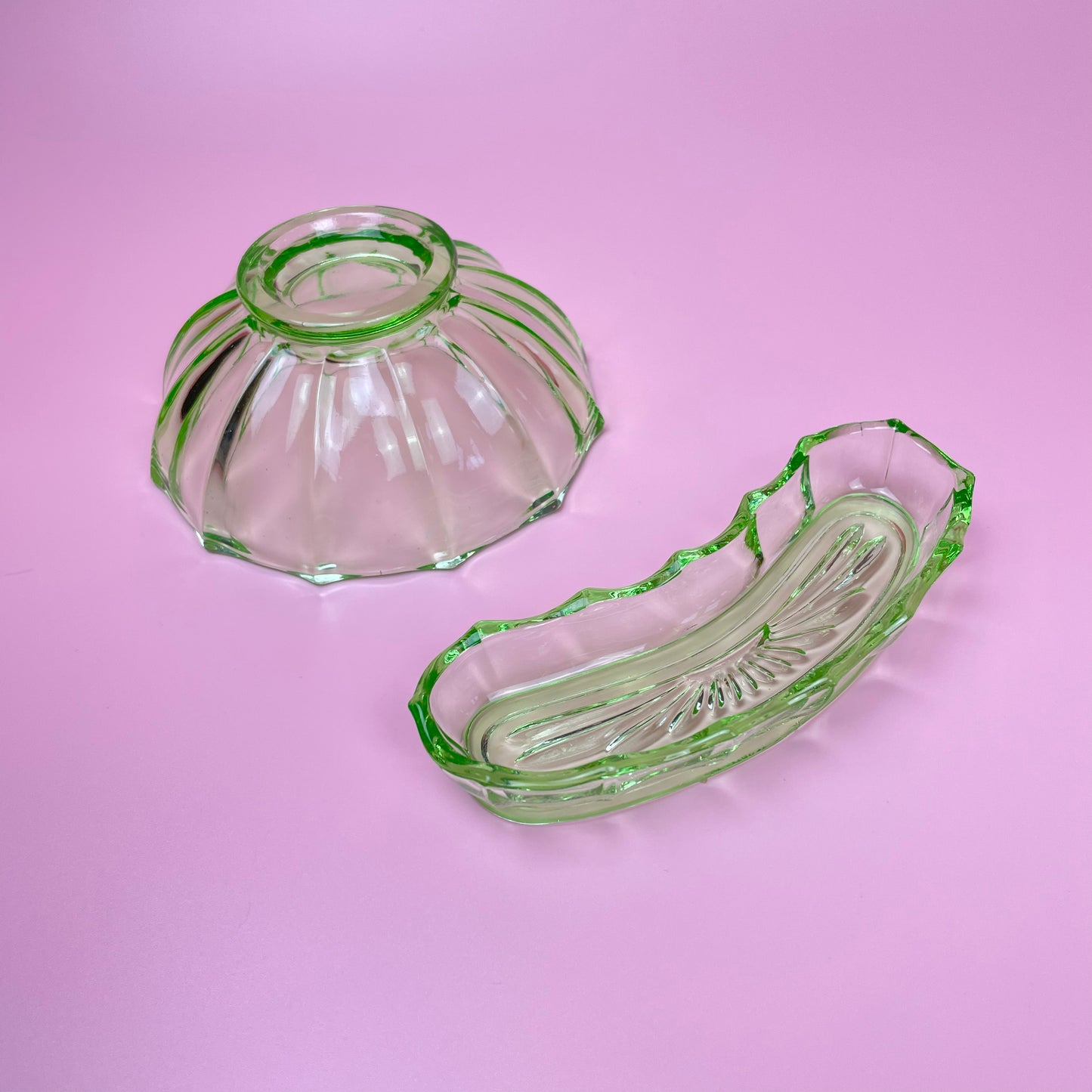 Green Glass Trinket Bowl & Dish