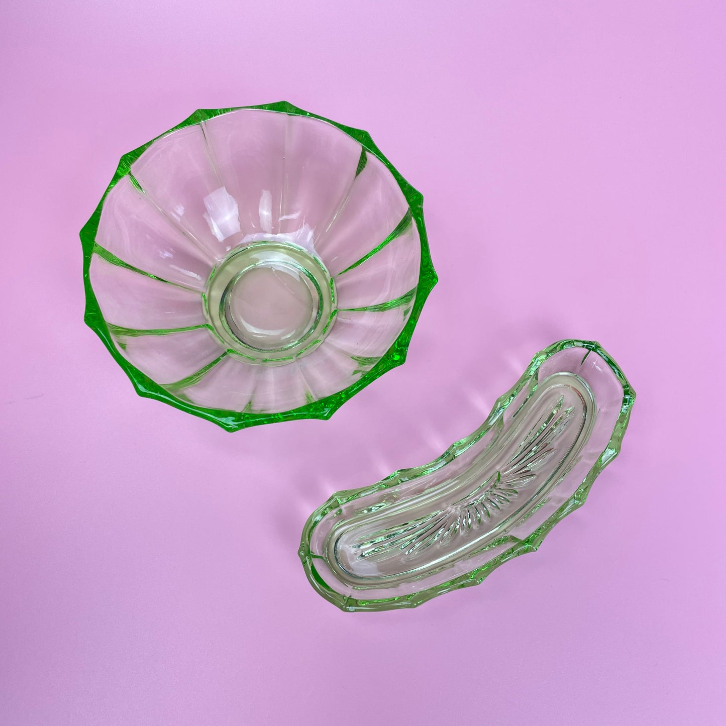 Green Glass Trinket Bowl & Dish